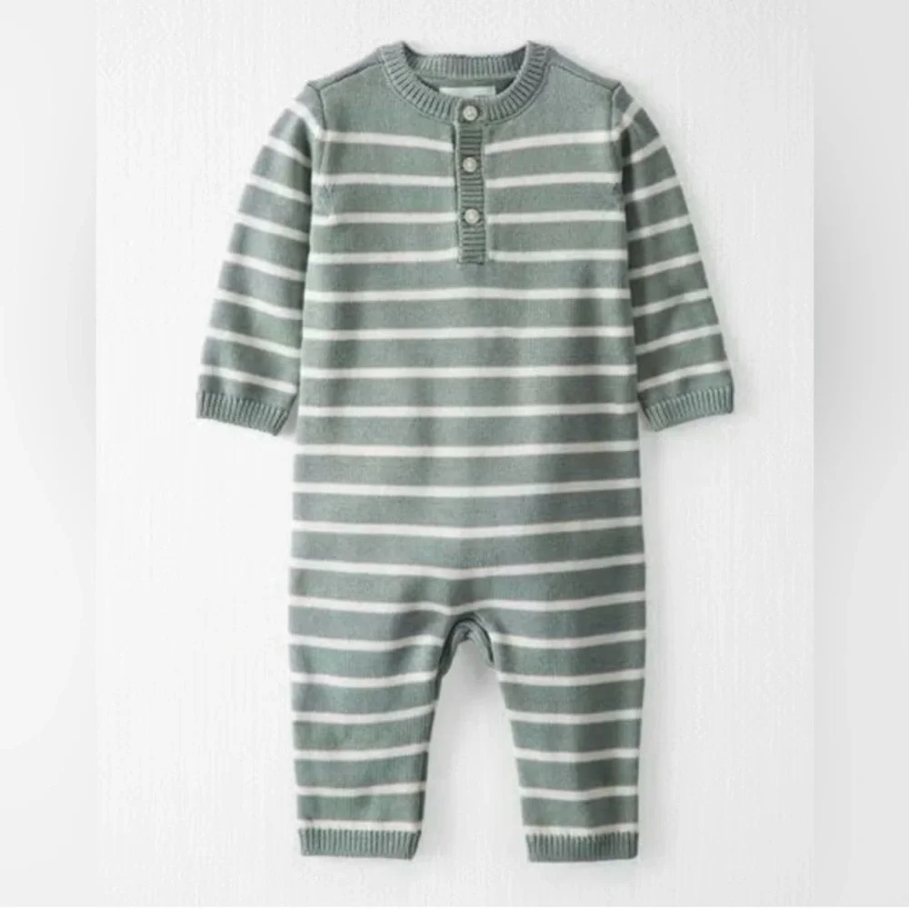 Little Planet Striped Sage Green and White Organic Cotton Knit Jumpsuit 3M